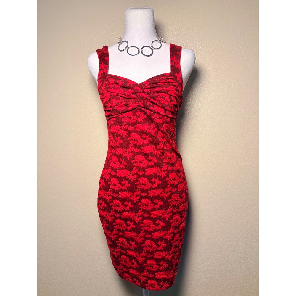 Y2K Candies Red Floral Jacquard Bodycon Dress Neck Ruched Cocktail Medium #9